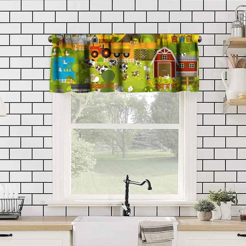 JanJCurt Cartoon Farm Animals Kids Valance, Cute Child Farmhouse Country Tractors Sheep Cow Pig Flowers Blackout Short Window Drape Curtain for Boys Girls Bedroom Living Room, 54x18inch - Image 4
